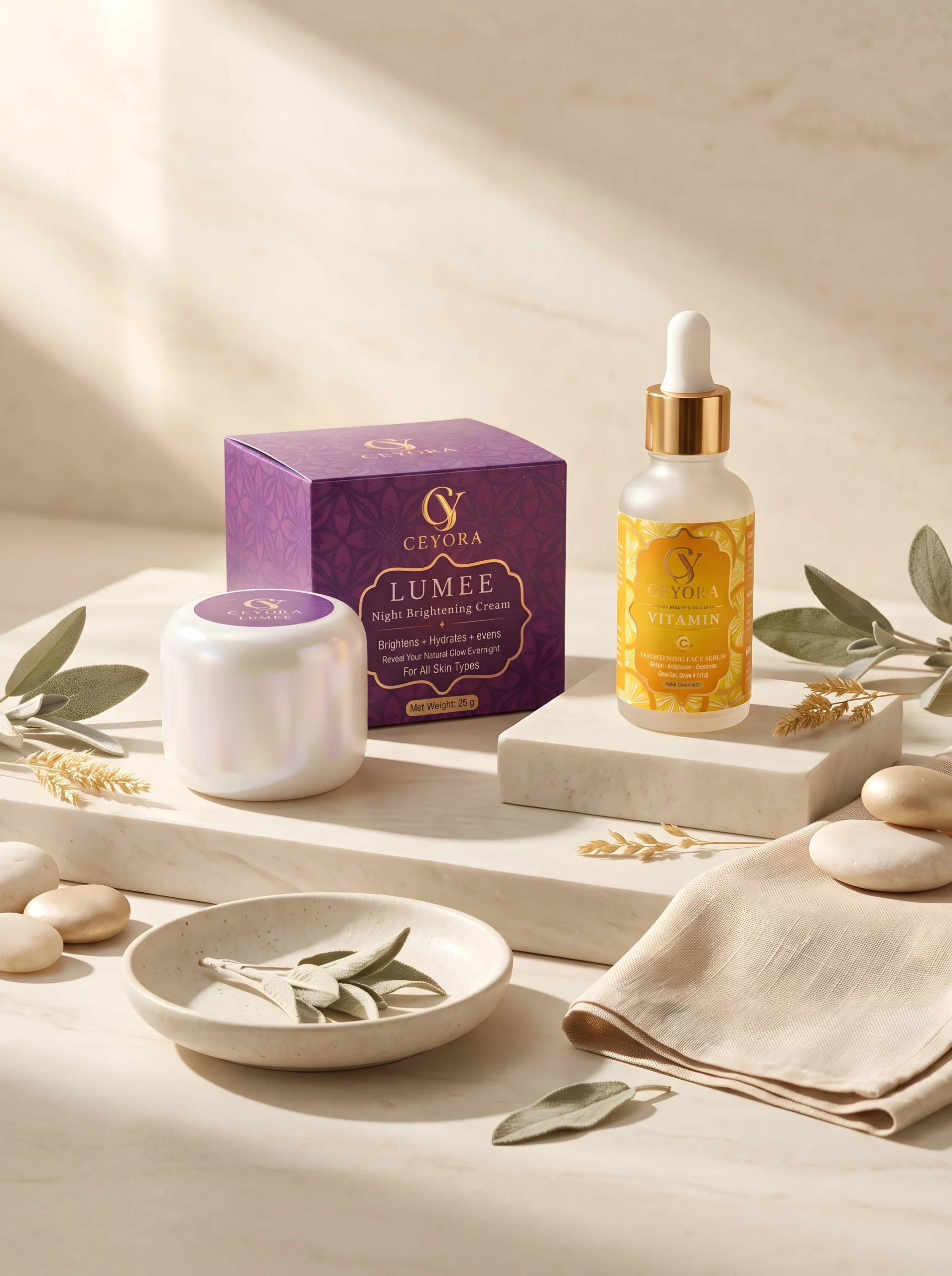 Ceyora skincare products arranged with intentional packaging design