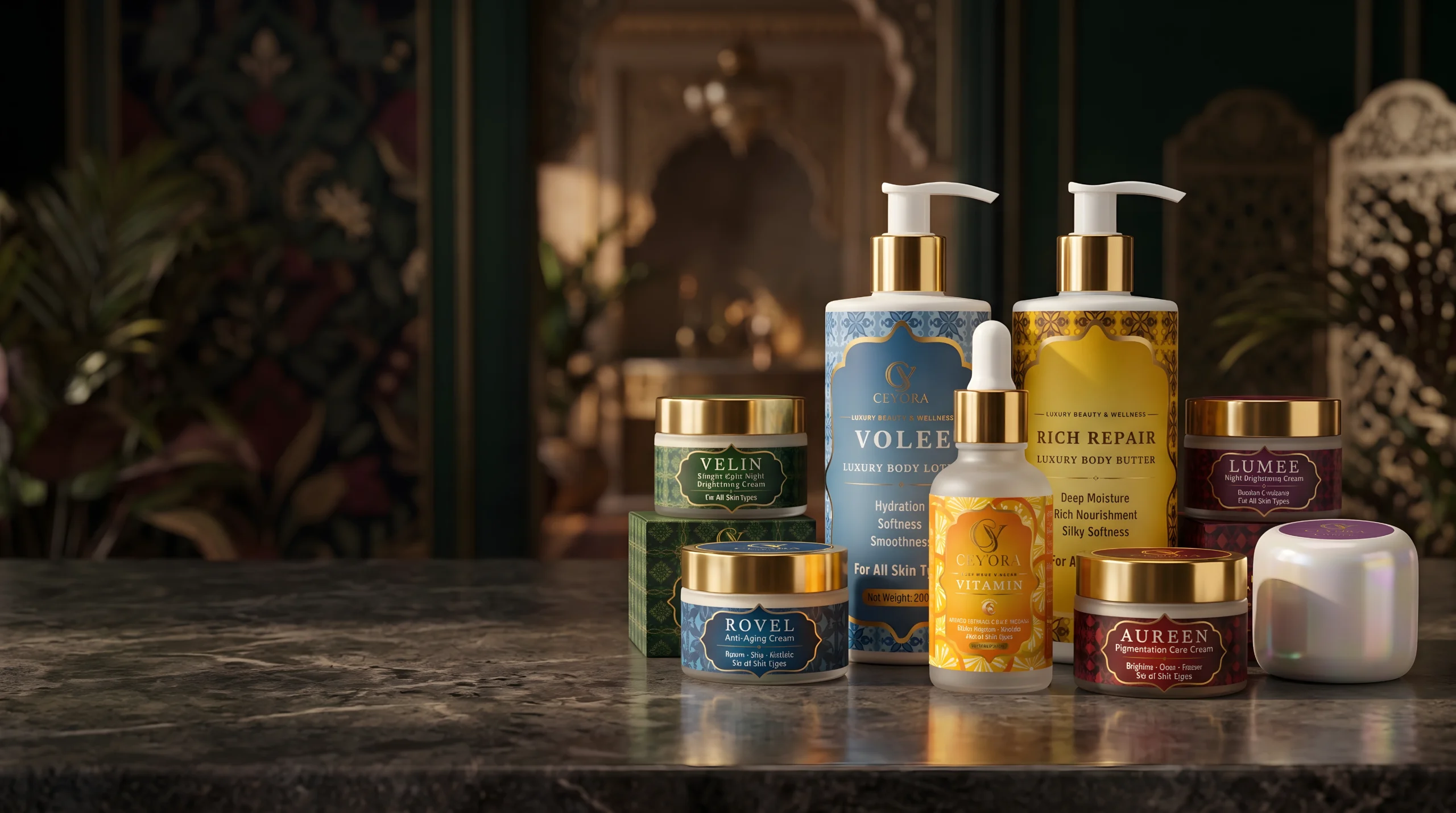 The Ceyora skincare collection styled on marble with gold accents