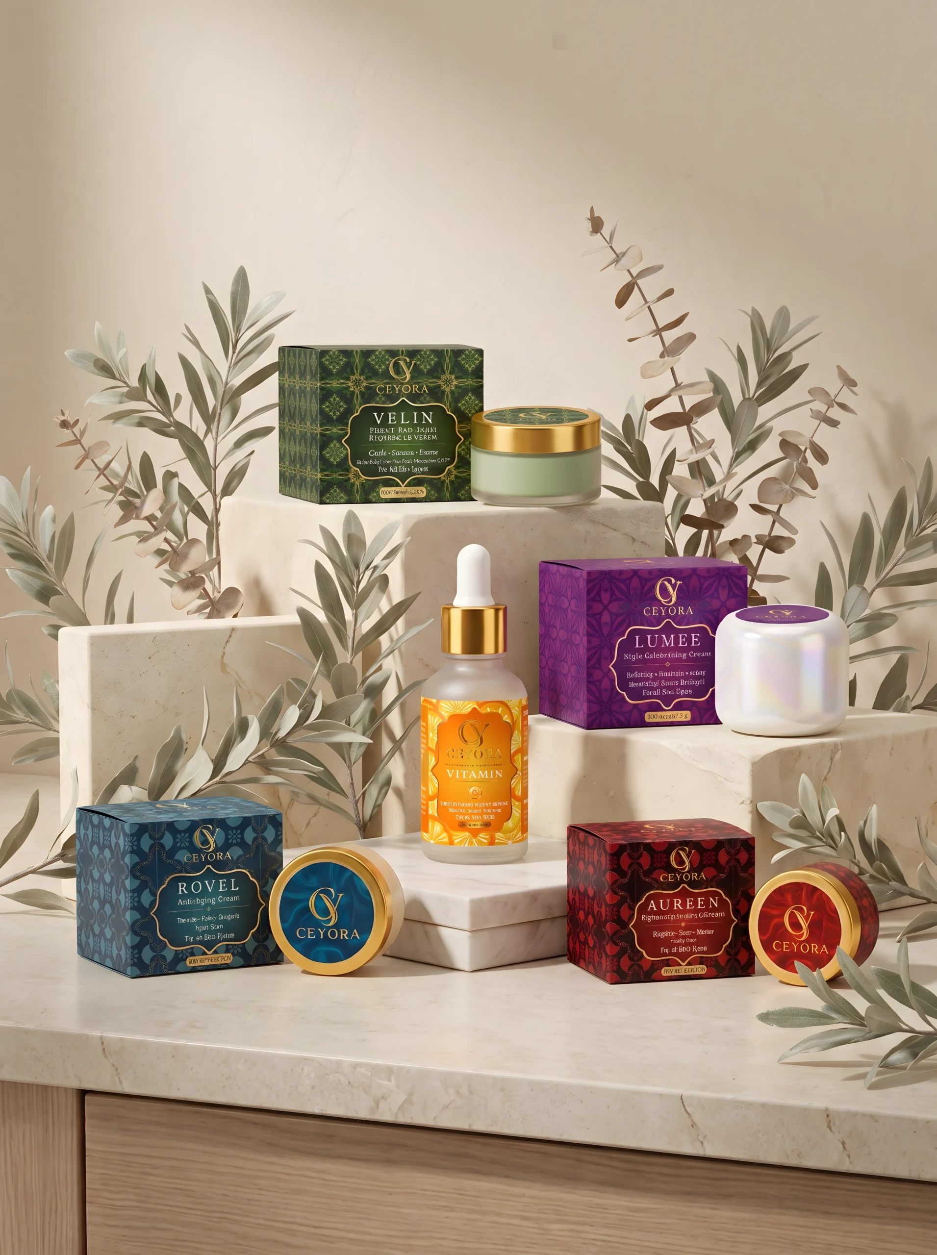 The Ceyora skincare collection styled together, representing the brand today